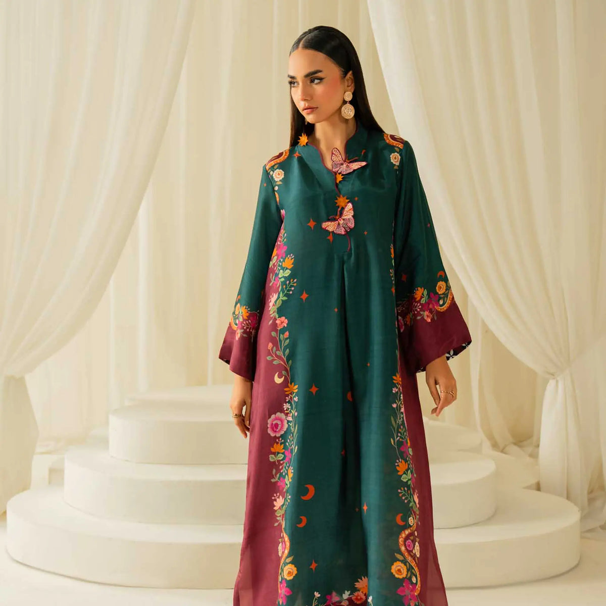 Bloom Silk Printed Kaftaan 2 PCs