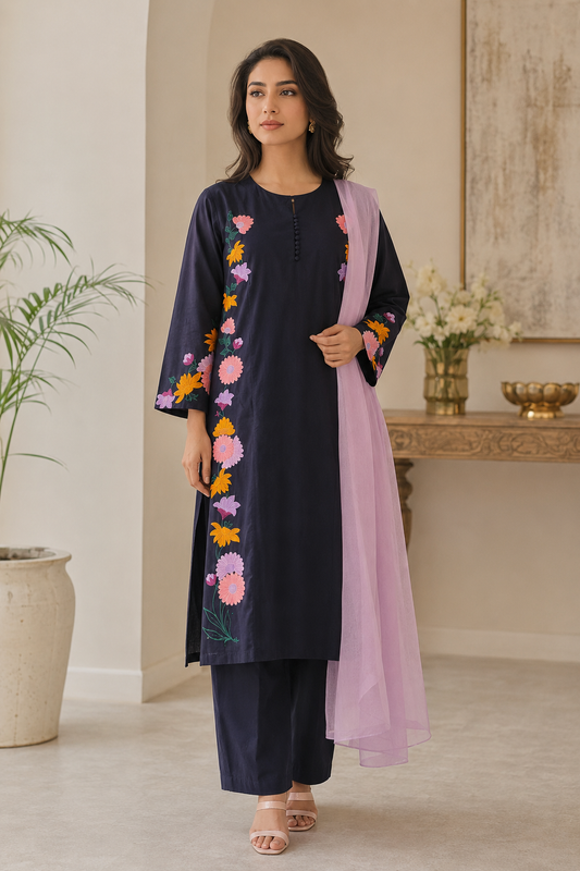 Chaary Black Embroidered 3-Piece Suit