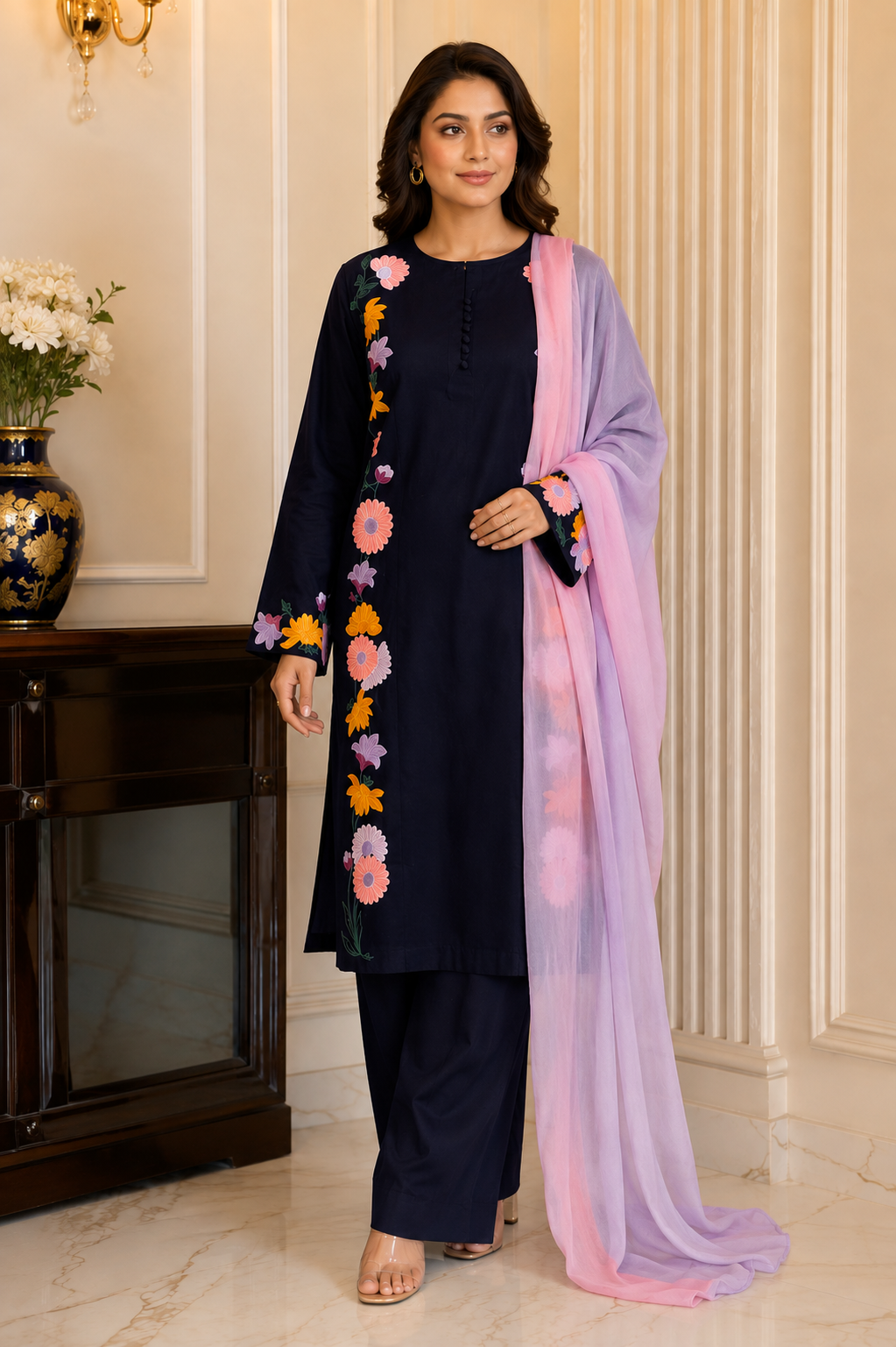Chaary Black Embroidered 3-Piece Suit