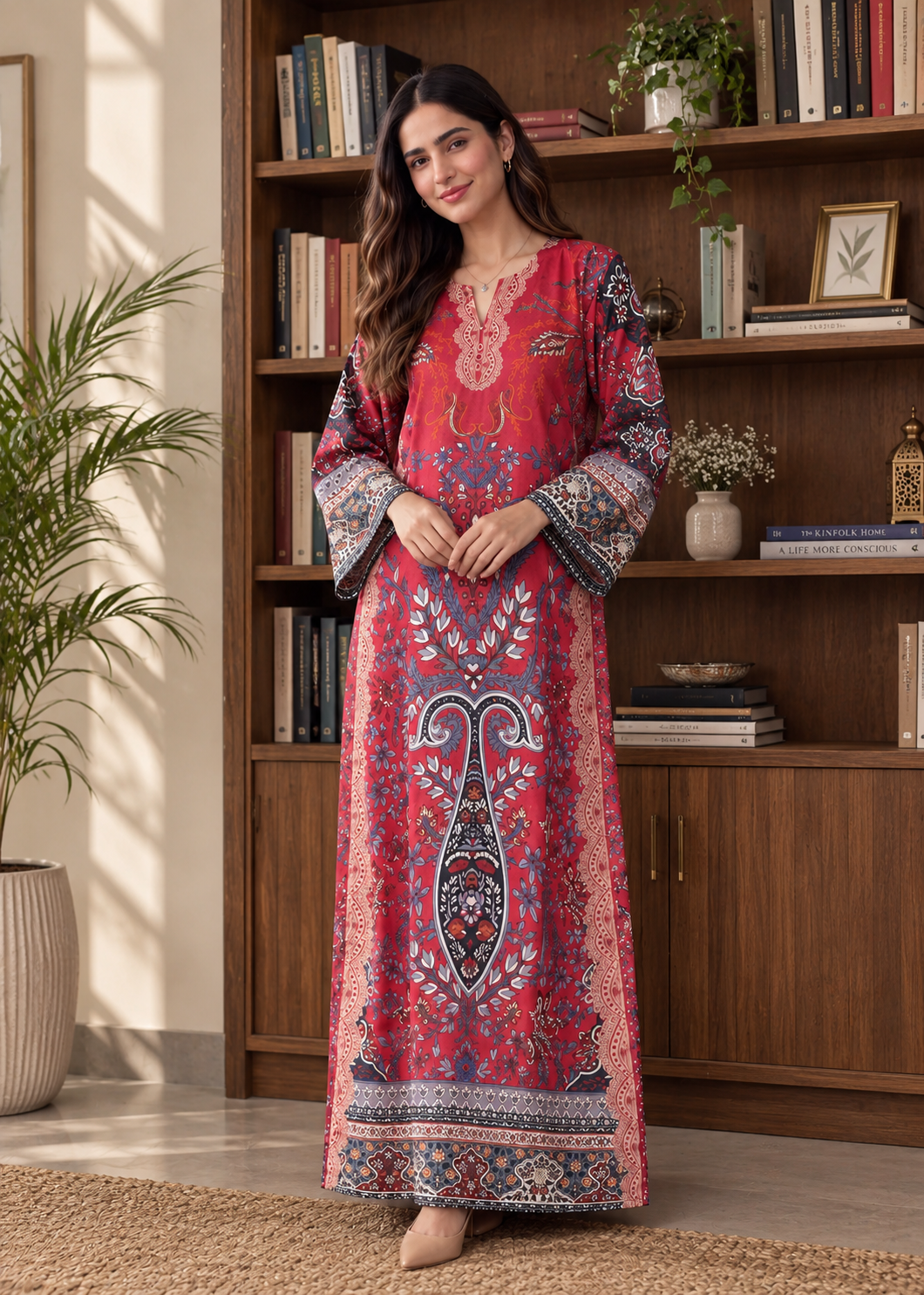 Ruby Silk Printed Kaftaan 2 PCs