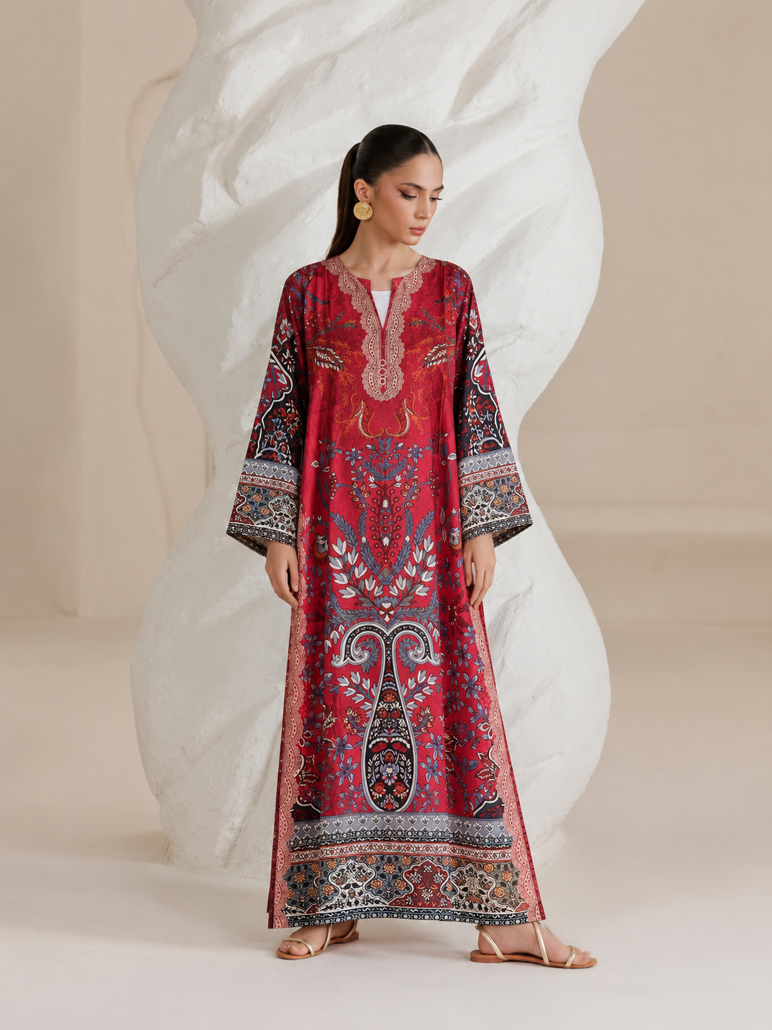 Ruby Silk Printed Kaftaan 2 PCs