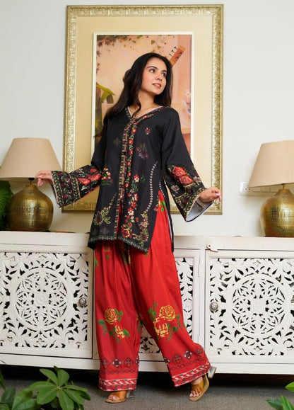 ETHNC BLACK & RED 2PC UNSTITCHED