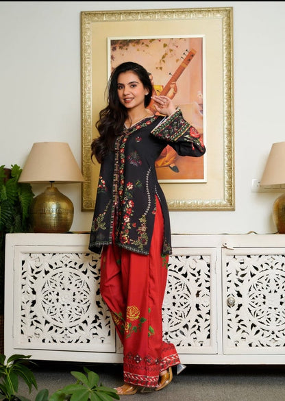 ETHNC BLACK & RED 2PC UNSTITCHED
